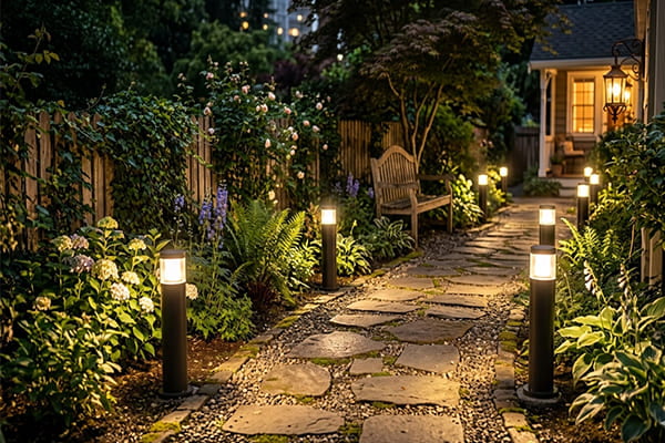 A cozy garden path illuminated with warm white bollard lights